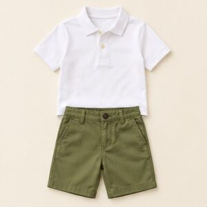 White Polo and Olive Shorts Set