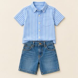 Sky Blue Striped Shirt and Denim Shorts