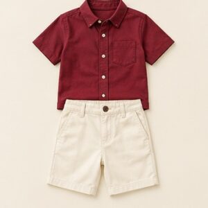 Burgundy Shirt and Cream Shorts Set