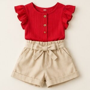 Red Top and Beige Shorts Set