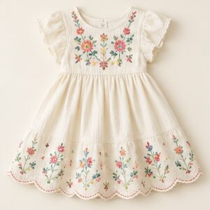 Cream Floral Embroidered Dress